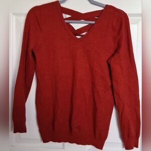 Elegant V-Neck Sweater with Crisscross Back - Deep Red